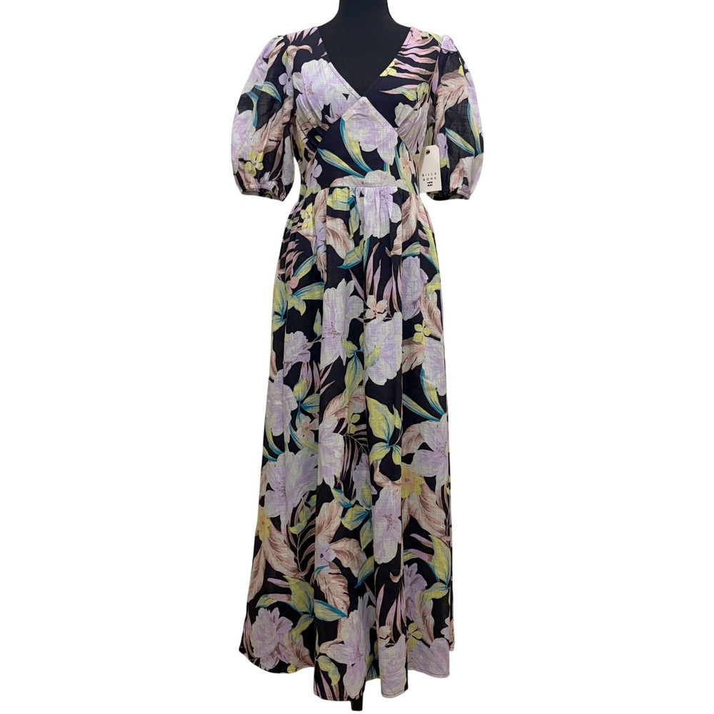 NEW Billabong Tropical Escape Floral Maxi Dress M Black Cotton Puff Sleeve Boho